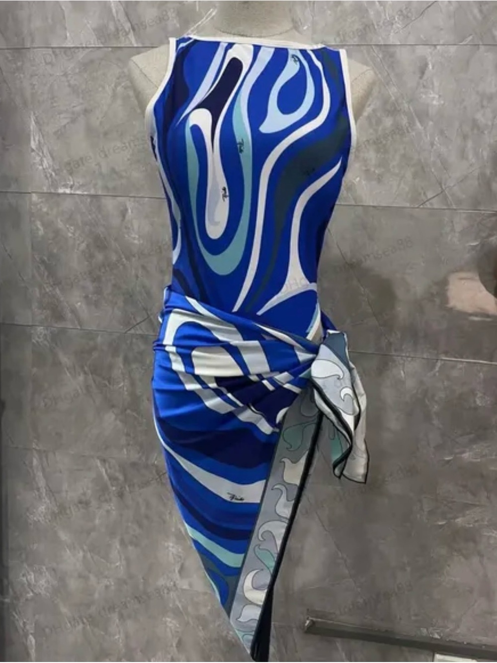 Emilio Pucci Blue Abstract One-Piece Swimsuit with Matching Cover